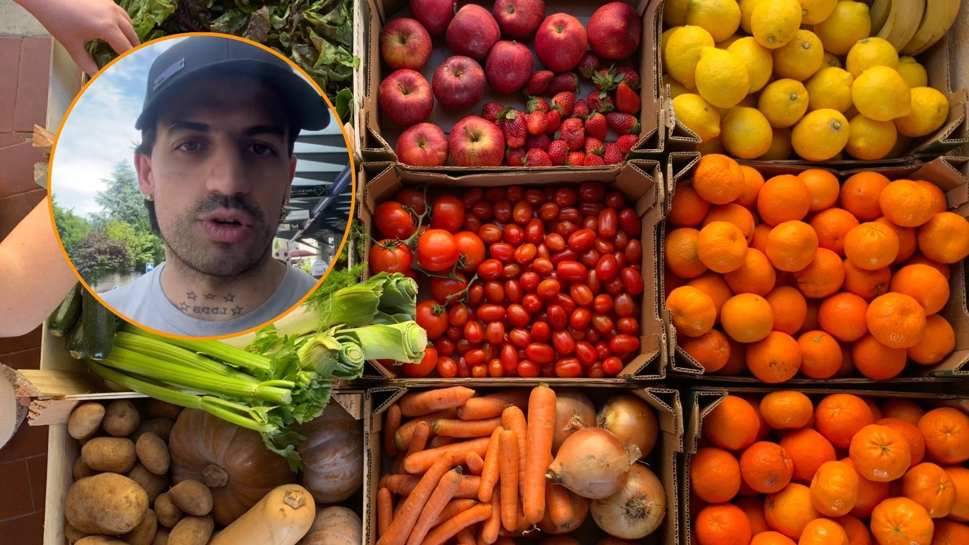 Un español suiza explica que la fruta y verdura procede de España. (@suiza.en.español/ Canva)