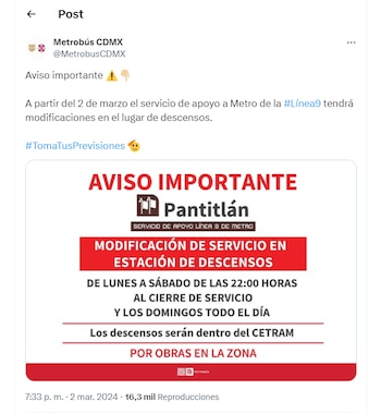 Metrobús Pantitlán - Velódromo Línea 9 cambia ruta 3 marzo