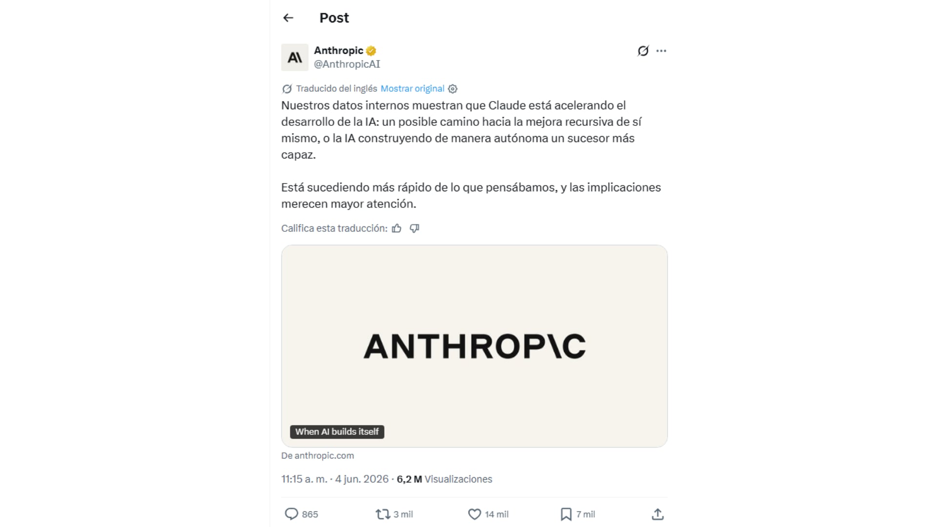 Comunicado de Anthropic compartido en la red social X.(X)