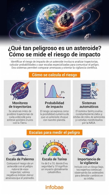 Infografía con la Tierra y asteroides, ilustrando monitoreo, probabilidad de impacto, sistemas automáticos, escala de Palermo y escala de Torino, y vigilancia.