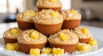 Muffins dorados de piña y coco apilados en un plato blanco, rodeados de cubos de piña fresca y coco rallado tostado, con un fondo hogareño desenfocado.