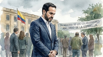 Pintura acuarela de Miguel Uribe Londoño, cabeza baja, manos juntas, en traje oscuro. De fondo, bandera de Colombia y una pancarta con texto de homenaje.