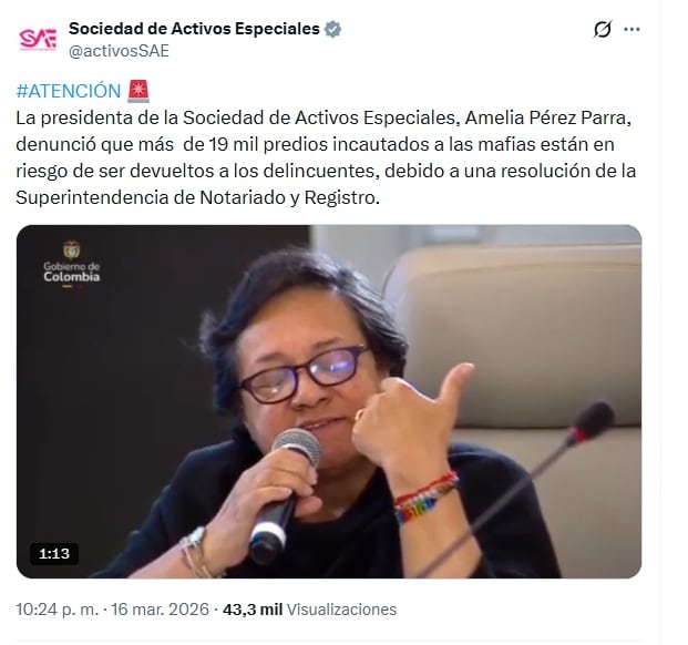 Amelia Pérez, directora de la SAE, afirmó que ha recibido amenazas - crédito @activosSAE/X