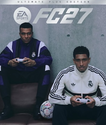 Kylian Mbappé y Jude Bellingham sentados con mandos de consola frente a un fondo gris con el logotipo del videojuego EA Sports FC 27