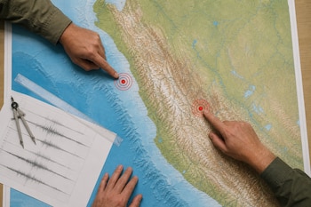 Vista cenital de un mapa del Perú con dos manos señalando círculos rojos, un compás, una regla y gráficos de ondas sísmicas.