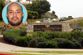 Retrato de un hombre en un círculo superpuesto a la entrada de piedra del Trump National Golf Club con vehículos al fondo
