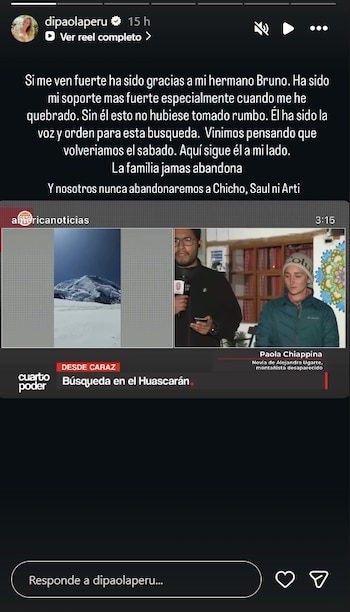 Captura de pantalla de Instagram con texto. Incluye video noticioso con montaña nevada, un reportero, una mujer y los nombres Paola Chiappina y Alejandro Ugarte