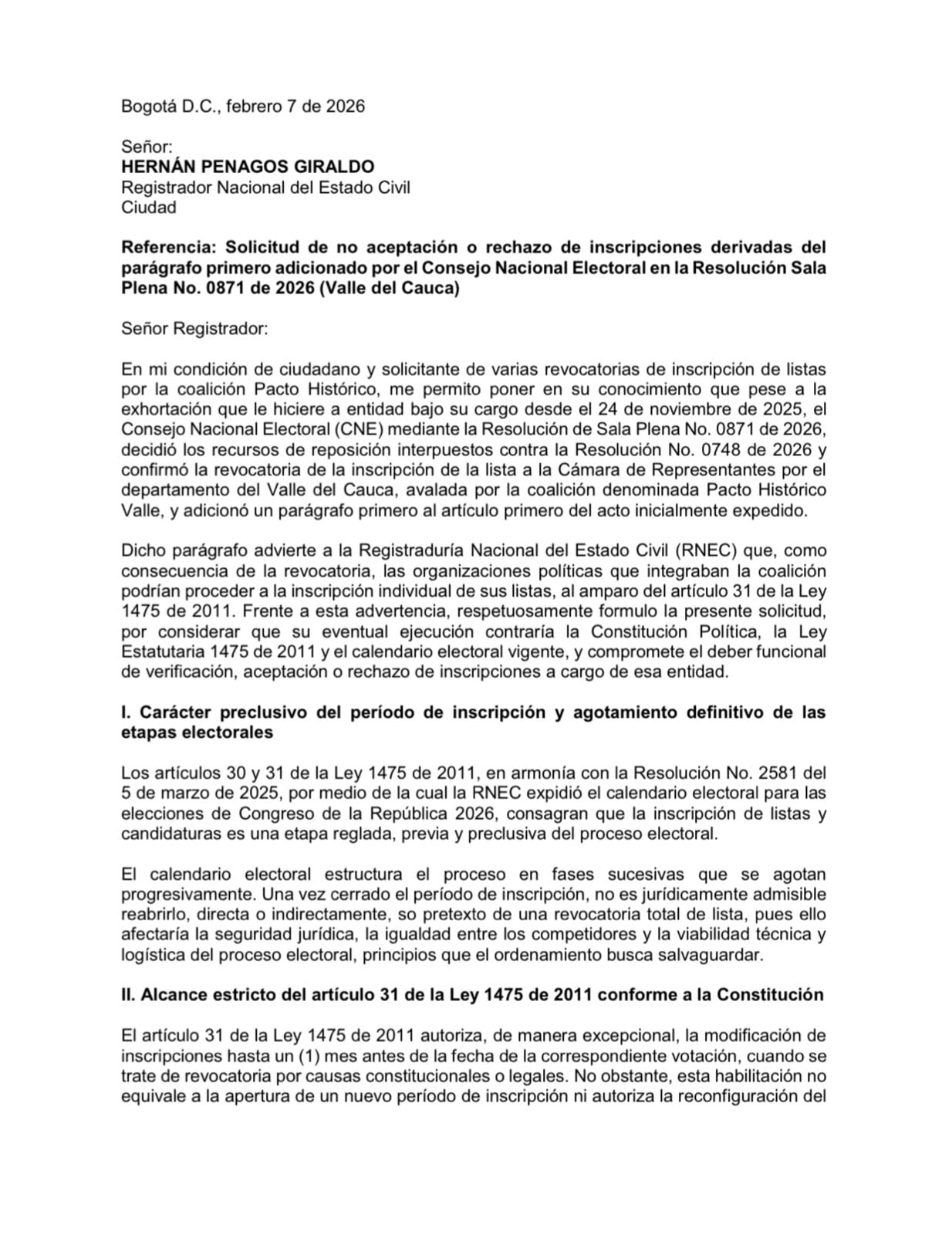 El solicitante sostiene que reabrir la etapa de inscripción contraría la Constitución, la Ley 1475 de 2011 y el calendario electoral - crédito X