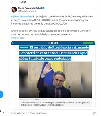 María Fernanda Cabal cuestionó la