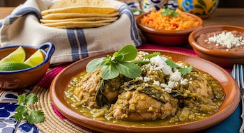 Plato de pollo en salsa verde con verdolagas, queso desmoronado, crema, cilantro y rodajas de lima. Se observan tortillas, arroz y frijoles.