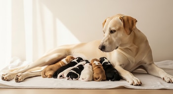 Una perra de pelaje claro recostada con seis cachorros: dos marrones, dos blancos y negros, uno crema y uno negro.