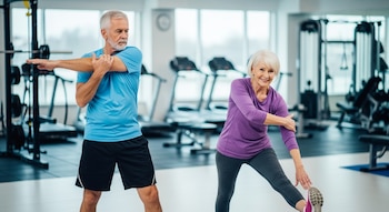 Un hombre mayor con barba gris y una mujer mayor con cabello blanco realizan estiramientos en un gimnasio con máquinas de ejercicio al fondo.