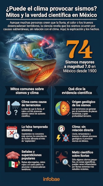 Infografía sobre sismos y clima. Muestra la Tierra, nubes, lluvia, rayos, íconos de calendario, termómetro y el número 74, explicando mitos y ciencia.