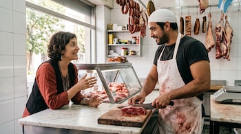 Carnicero sonriente, con delantal manchado, corta carne sobre tabla de madera. Una clienta de pelo rizado, vestida de rojo, sonríe y conversa con él en el mostrador
