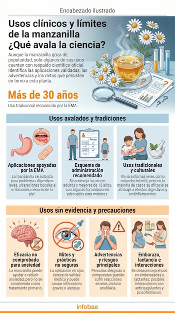 Infografía: usos clínicos y límites de la manzanilla. Muestra té, flores, tubos de ensayo, órganos, personas y símbolos de advertencia.