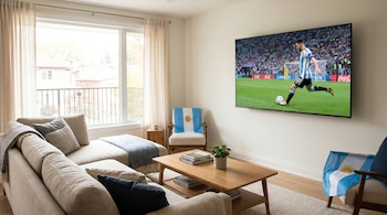 Salón moderno con televisor grande en la pared mostrando a un jugador argentino de fútbol pateando un balón en un estadio. Sofá beige, mesa de madera, ventana y banderas argentinas.