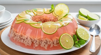 Gelatina de atún rosada en forma de anillo, decorada con rodajas de lima y hojas de menta, sobre un plato blanco en una mesa de madera.