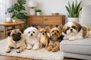 Cinco perros de razas pequeñas: un pug, un maltés blanco, un chihuahua marrón, un yorkshire terrier y un shih tzu, posan en una alfombra clara en un salón.