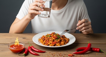 Persona come con tenedor de plato de comida, bebe de vaso con agua, sobre mesa de madera. Hay chiles rojos, salsa roja con llamas y escamas de chile.