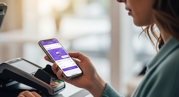 Mano de persona sosteniendo un smartphone con una app de billetera virtual púrpura y blanca. Un terminal de pago electrónico se ve en primer plano.