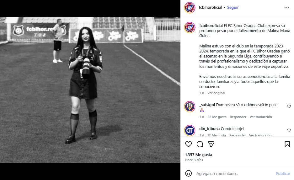 El posteo del FC Bihor por la muerte de Malina Guler