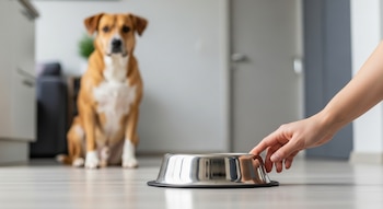 Primer plano de una mano colocando un plato de acero inoxidable en el suelo. Al fondo, un perro adulto de pelaje marrón claro y blanco está sentado, mirando el plato.