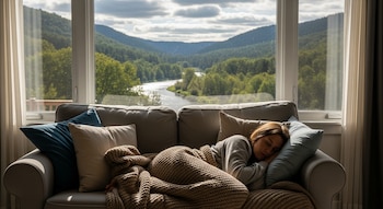 Mujer joven duerme profundamente en un sofá gris con cojines, cubierta por una manta tejida marrón, frente a una ventana grande con vista a un valle montañoso y un río.