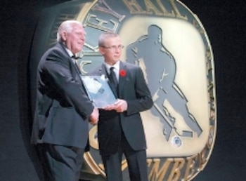 Igor Larionov receives his personal copy of the Induction plaque from Hockey Hall of Fame Chairman and CEO, Bill Hay. Igor Larionov, inducted into the Hockey Hall of Fame, Player Category. Toronto, Ontario, Canada. November 10, 2008.