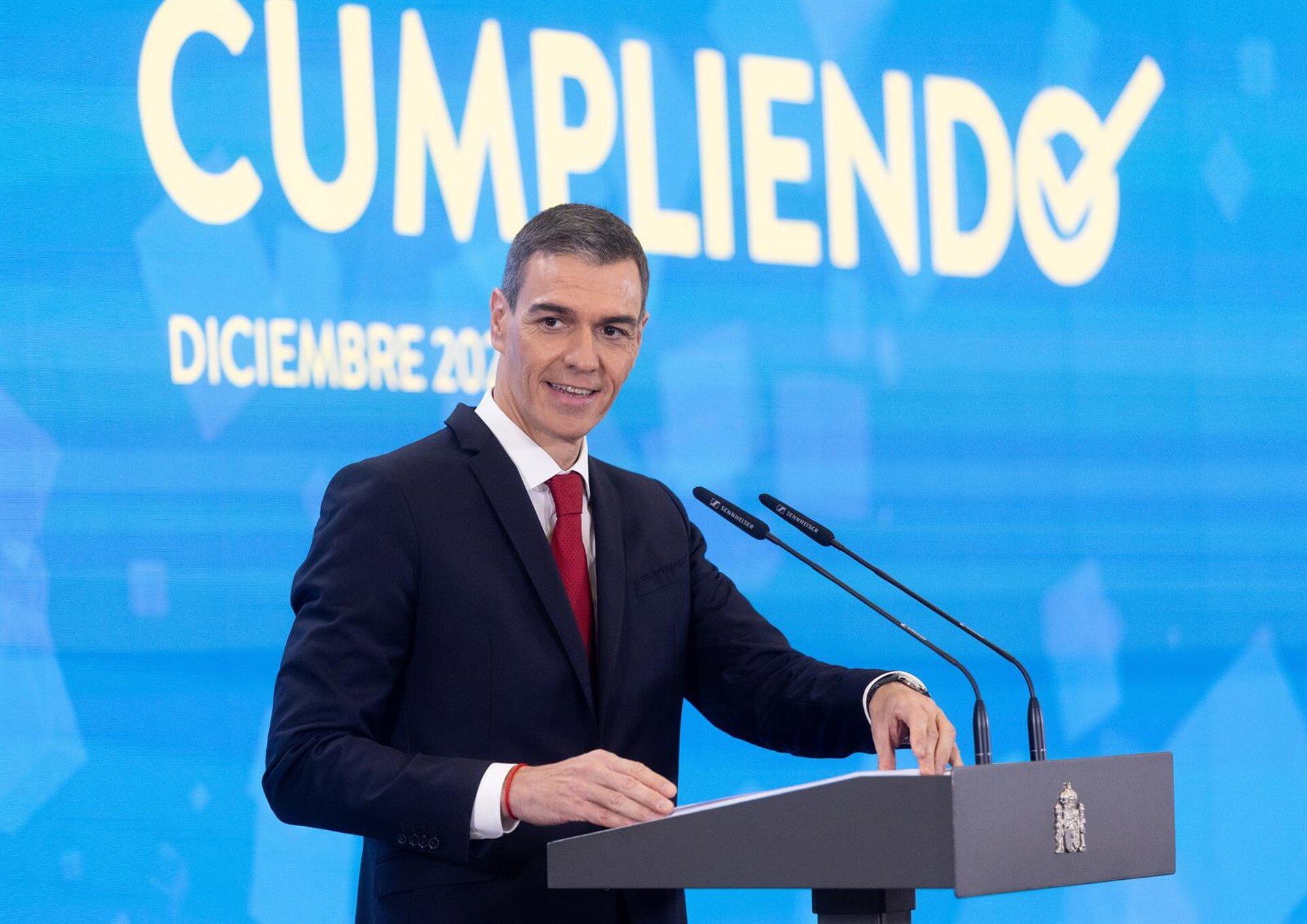 El presidente del Gobierno, Pedro Sánchez, durante una rueda de prensa, en el Palacio de la Moncloa (Eduardo Parra - Europa Press)