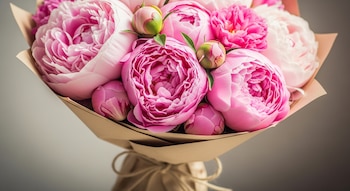 Un primer plano de un ramo de peonías rosas en diferentes etapas de floración, envuelto en papel kraft, bajo una suave iluminación natural.