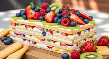 Postre rectangular de galletas con capas de crema, fresas, arándanos, frambuesas y kiwi, sobre una tabla de madera. Hay galletas y frutas sueltas al lado.