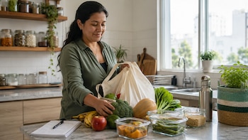 Una mujer sonríe en su cocina, desempacando brócoli, calabaza, manzanas y otras verduras de una bolsa de tela. Sobre la encimera hay recipientes de vidrio y una botella reutilizable