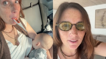 Imagen partida horizontalmente: a la izquierda, una mujer con pecas amamanta a un bebé con un termómetro en la boca; a la derecha, la mujer mira a cámara con gafas.