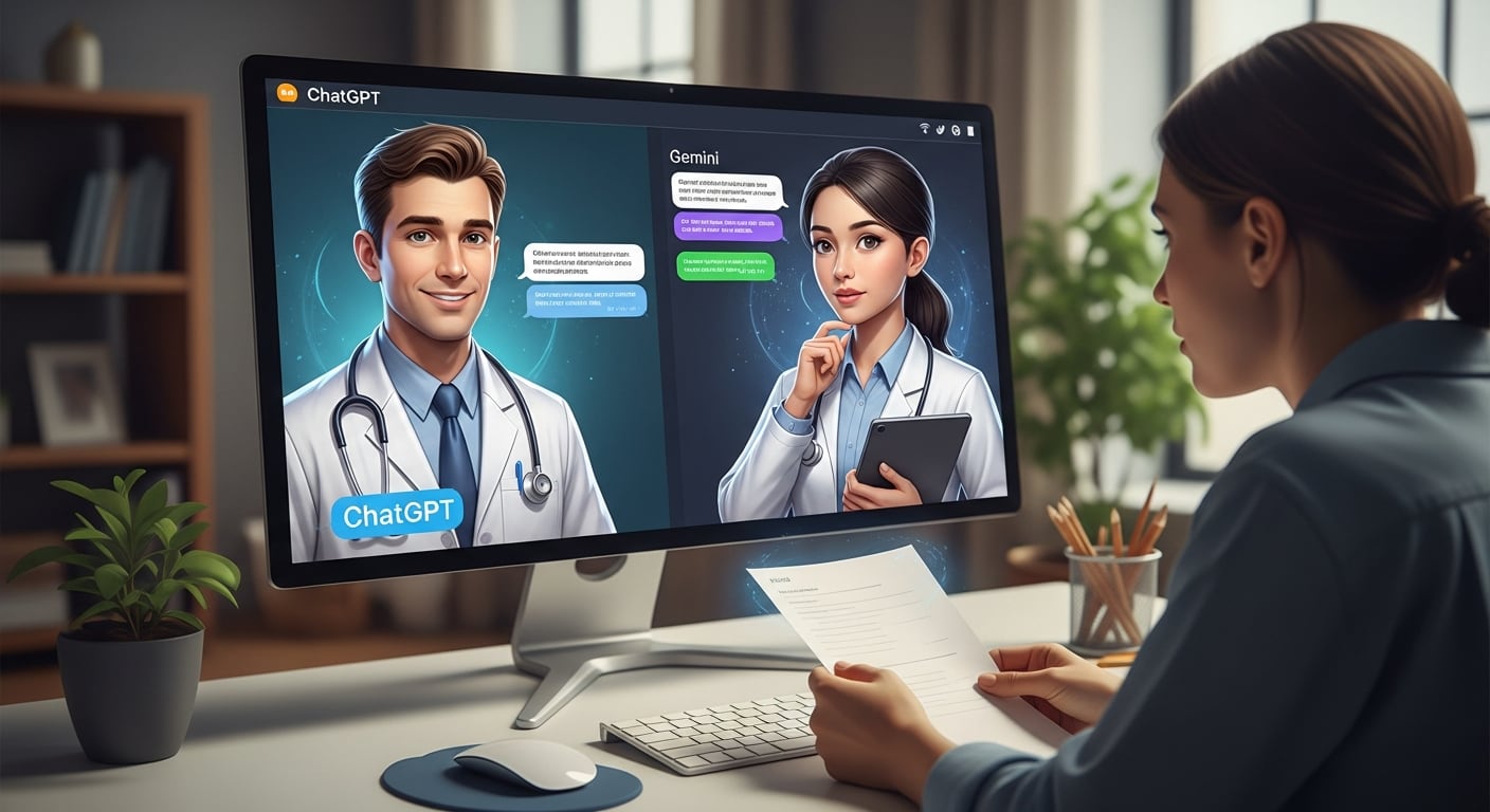 Una profesional de la salud interactúa desde su escritorio con dos asistentes médicos virtuales impulsados por inteligencia artificial, ilustrados en pantalla como médicos virtuales de plataforma ChatGPT y Gemini. (Imagen Ilustrativa Infobae)