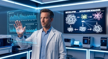 Un médico en bata blanca toca una pantalla holográfica azul con gráficos de datos científicos. Al fondo, otra pantalla muestra "BEFORE AFTER AUTOIMMUNE BIOMARKERS" y células.