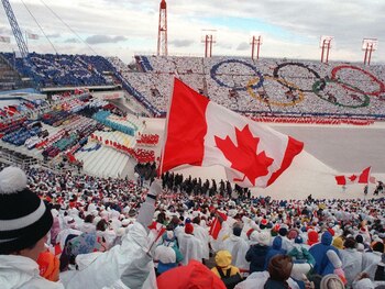 Fans cheer and wave flags