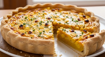 Tarta redonda con masa dorada y relleno amarillo, granos de maíz y hierbas verdes. Una porción está cortada. Se encuentra sobre un plato blanco.