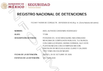 Ficha del RND que confirma la detención de Axel Alfredo Cárdenas, alias "El Titán". Crédito: SSPC