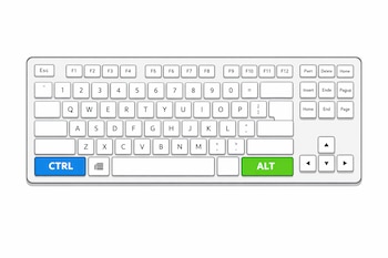 Ilustración minimalista de un teclado de computador blanco con teclas grises. Las teclas CTRL y ALT están resaltadas en azul y verde, respectivamente.