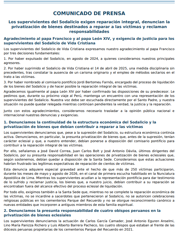 Un grupo de 75 supervivientes reclamó una reunión directa con representantes de las víctimas y una reparación integral