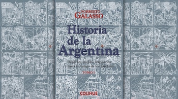 Portada del libro Historia de la Argentina de Norberto Galasso ubicada en el centro sobre un fondo extendido con ilustraciones.
