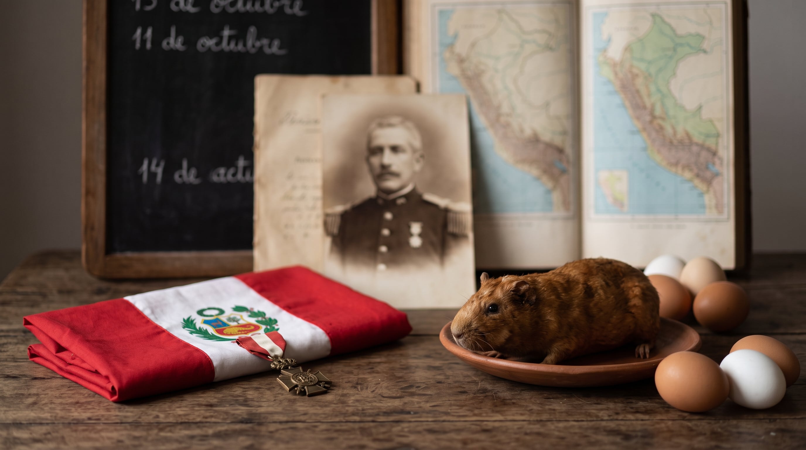 Una composición con una bandera peruana, mapas, una fotografía antigua, un cuy y huevos evoca la relación entre la historia y los alimentos tradicionales de Perú. (Imagen Ilustrativa Infobae)