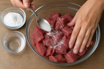 Unas manos aplican con cuchara un líquido blanco a trozos de carne cruda en un bol transparente, junto a dos recipientes con agua y polvo blanco.