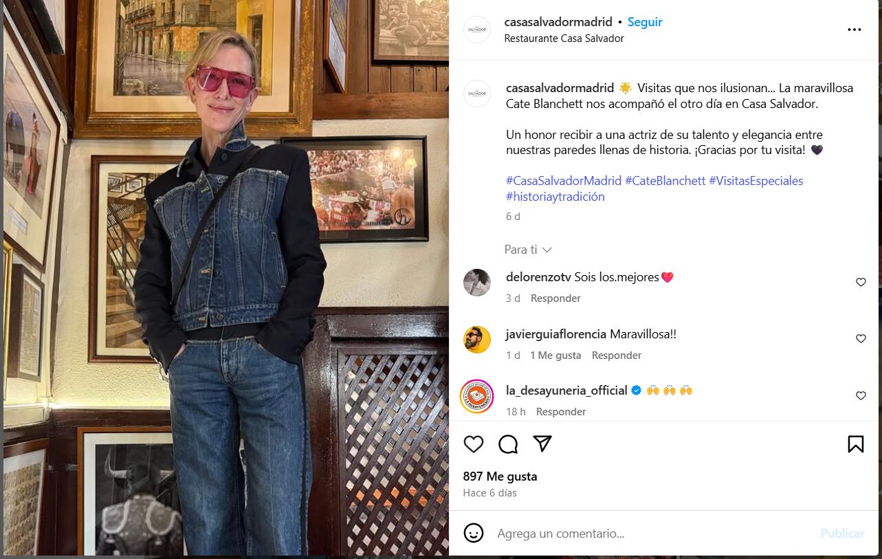 Cate Blanchett en su visita a Casa Salvador (Instagram / @casasalvadormadrid)