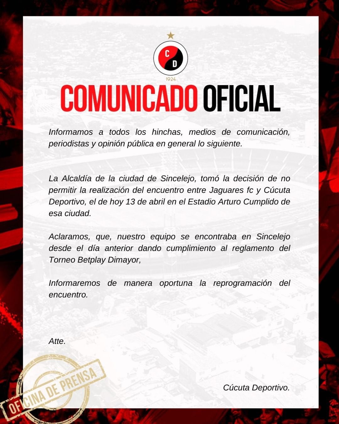 Cúcuta Deportivo confirmó la suspensión del partido - crédito @Cucutaoficial/X