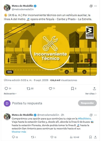 El Metro de Medellín operó de forma parcial en la línea A por un inconveniente técnico con un vehículo auxiliar - crédito Metro Medellín/X
