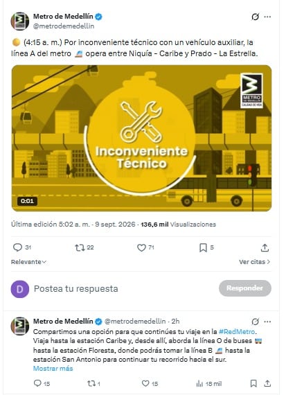 El Metro de Medellín operó de forma parcial en la línea A por un inconveniente técnico con un vehículo auxiliar - crédito Metro Medellín/X