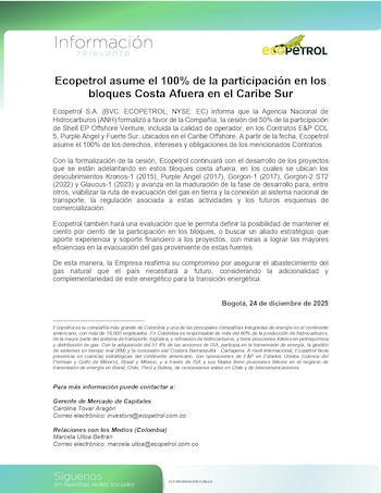 Ecopetrol informó que asumió el
