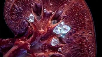 Vista macro de sección transversal de riñón con tejido orgánico en tonos rojo y púrpura. Cristales de ácido oxálico, con brillo blanco y azul, incrustados.
