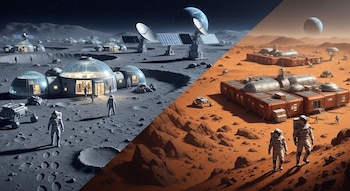Imagen dividida mostrando colonias futuristas en la Luna (cúpulas y astronautas) y Marte (bases modulares y astronautas) bajo cielos estrellados.